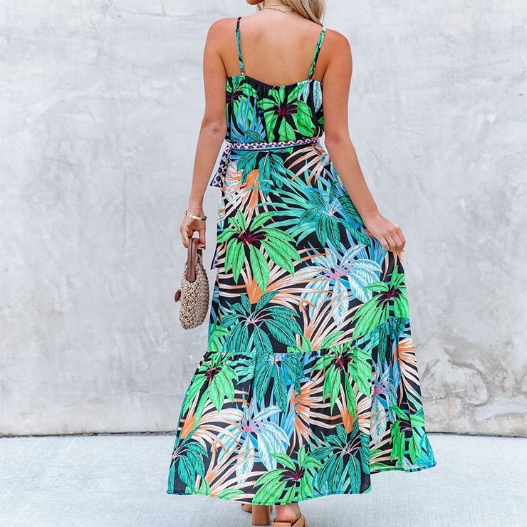 Fashion Tropical Rainforest Print Spaghetti Straps Lace-up Ruffle Slip Big Swing Maxi Dress N21184