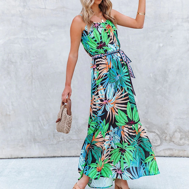 Fashion Tropical Rainforest Print Spaghetti Straps Lace-up Ruffle Slip Big Swing Maxi Dress N21184