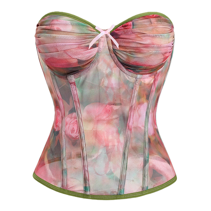 strapless corset, floral bodysuit, mesh lingerie, adjustable back, waist training, sheer mesh, romantic lingerie, lace-up corset, feminine shapewear, boned bodysuit, green piping, floral print, women's corset, fashion corset, adjustable lingerie #N237850