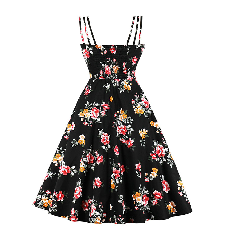 Sexy Floral Print Spaghetti Straps Sleeveless Backless High Waist Summer Party Swing Dress N20280