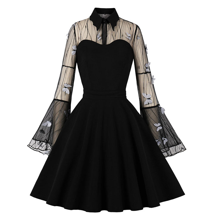 Retro Black Lapel See-through Mesh Grey Butterfly Flare Sleeve Stitching A-line Dress N22459
