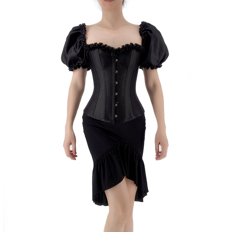Gothic Black Plastic Boned Puff Sleeves Overbust Corset with Ruffle High Low Fishtail Skirt N22236
