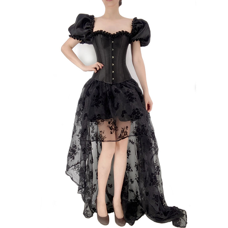 Gothic Black 12 Plastic Boned Puff Sleeves Overbust Corset with Organza High Low Skirt Set N22235