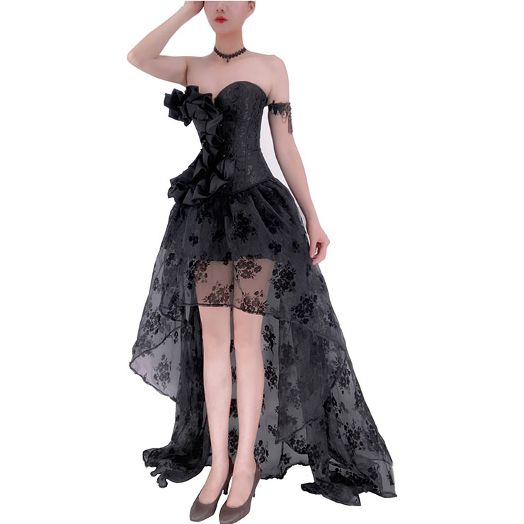 Gothic Plastic Boned Off-shoulder Strapless Overbust Corset with Organza High Low Skirt N22352