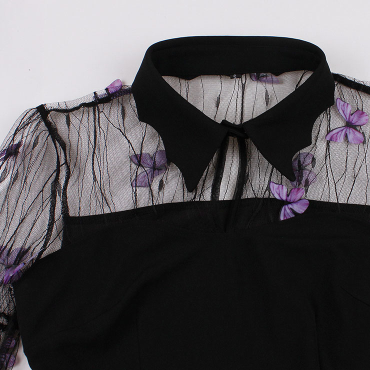 Retro Black Lapel See-through Mesh Purple Butterfly Flare Sleeve Stitching A-line Dress N22463