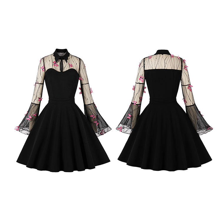 Retro Black Lapel See-through Mesh Rose Red Butterfly Flare Sleeve Stitching A-line Dress N22464