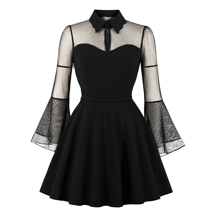 Plus Size Gothic Black See-through Flare Sleeve Halloween Vampire Dress N19420