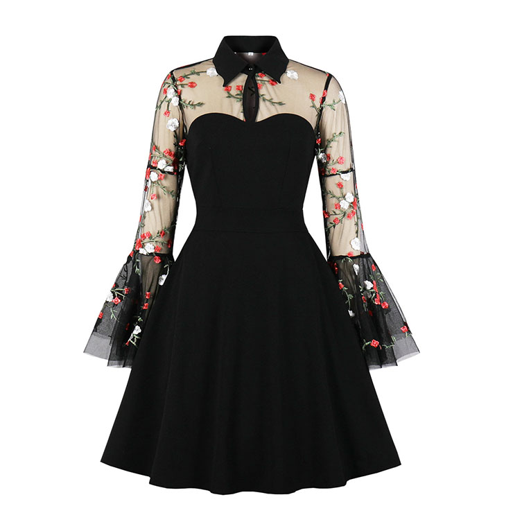 Retro Black Lapel See-through Mesh Floral Embroidered Flare Sleeve Stitching A-line Dress N21331