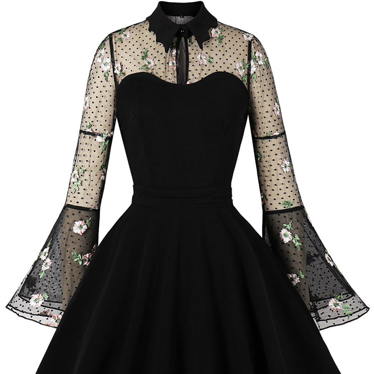 Retro Black Lapel See-through Mesh Floral Embroidered Flare Sleeve Stitching A-line Dress N22457