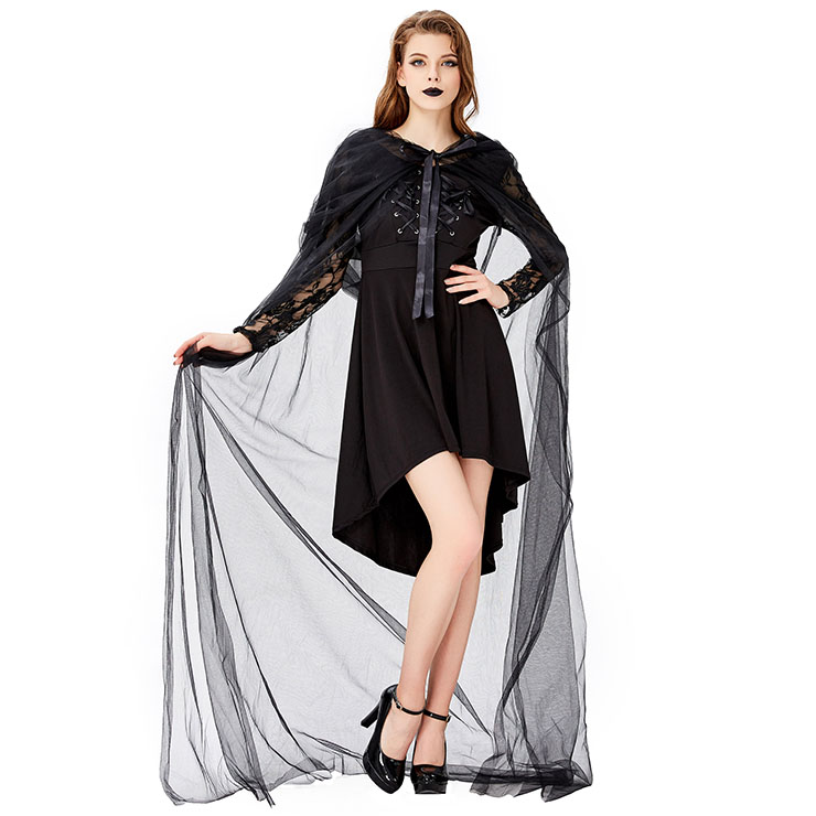 Gothic Black Vampire High-low Dress and Mesh Long Cloak Adult Ghost Halloween Costume N19445