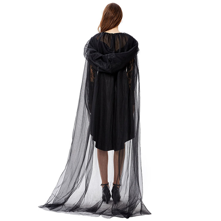 Gothic Black Vampire High-low Dress and Mesh Long Cloak Adult Ghost Halloween Costume N19445