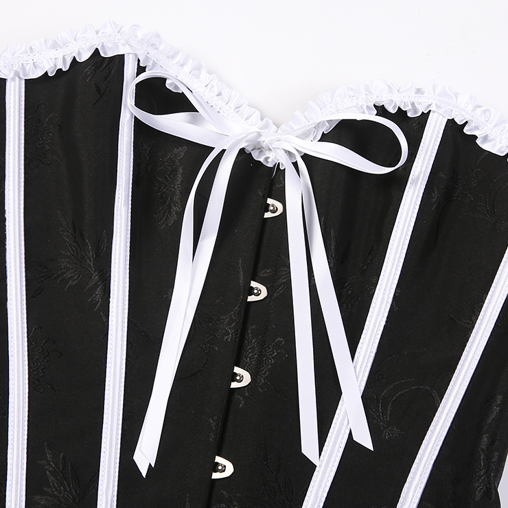 Black & White Vintage Corset with Front Lace-Up and White Bow Accents - Sweetheart Neckline Boned Bustier N23812
