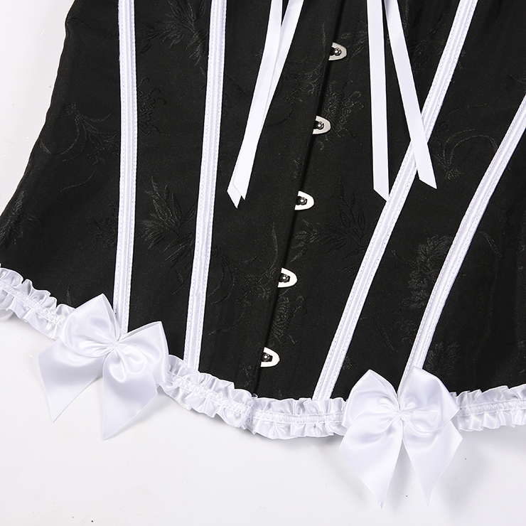Black & White Vintage Corset with Front Lace-Up and White Bow Accents - Sweetheart Neckline Boned Bustier N23812