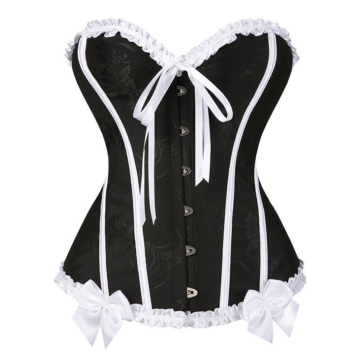 Black & White Vintage Corset with Front Lace-Up and White Bow Accents - Sweetheart Neckline Boned Bustier N23812