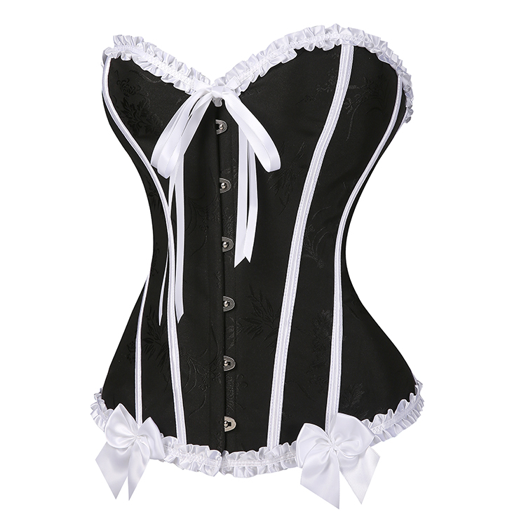 Black & White Vintage Corset with Front Lace-Up and White Bow Accents - Sweetheart Neckline Boned Bustier N23812