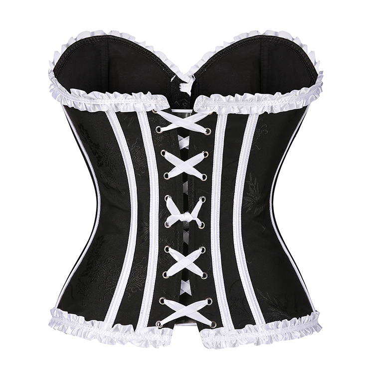 Black & White Vintage Corset with Front Lace-Up and White Bow Accents - Sweetheart Neckline Boned Bustier N23812