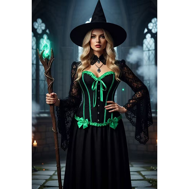 Gothic Black Vintage Corset with Neon Green Satin Trim - Lace-Up Boned Bustier for Women N23808