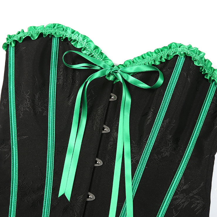 Gothic Black Vintage Corset with Neon Green Satin Trim - Lace-Up Boned Bustier for Women N23808