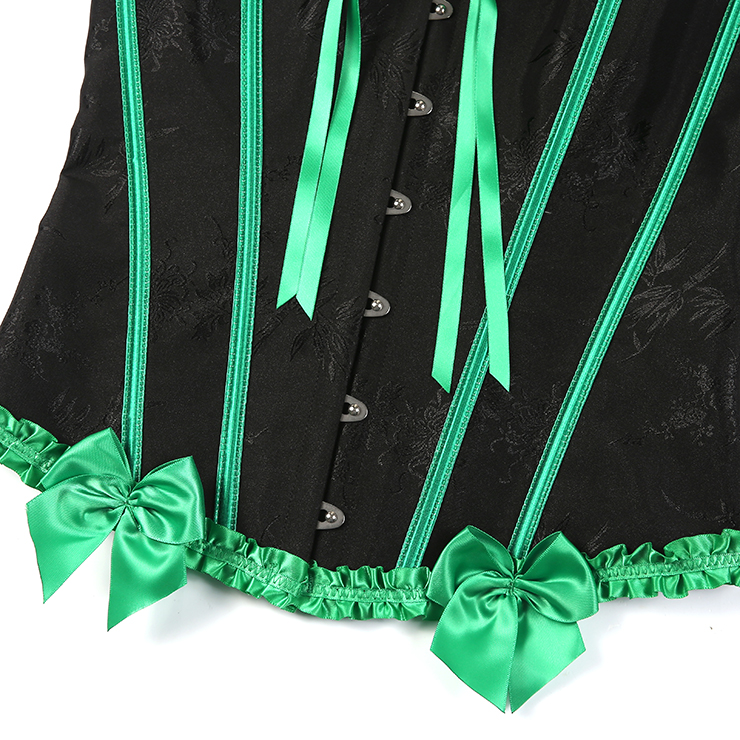 Gothic Black Vintage Corset with Neon Green Satin Trim - Lace-Up Boned Bustier for Women N23808