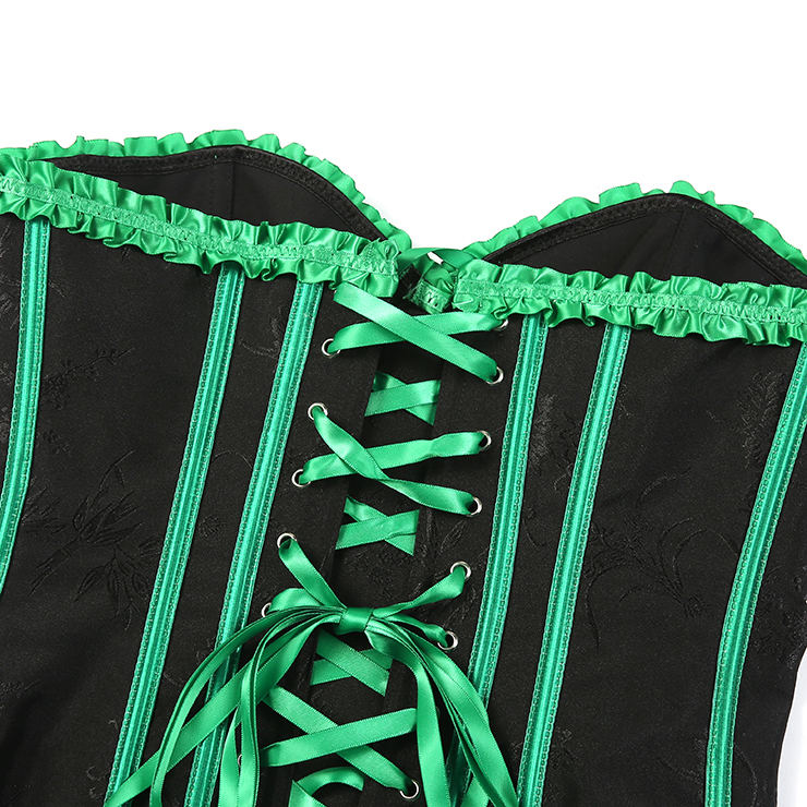 Gothic Black Vintage Corset with Neon Green Satin Trim - Lace-Up Boned Bustier for Women N23808