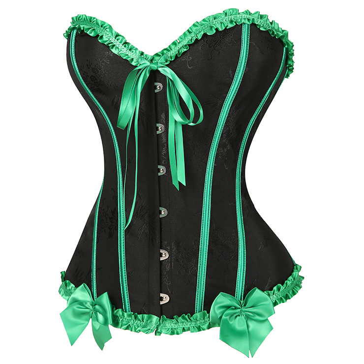 Gothic Black Vintage Corset with Neon Green Satin Trim - Lace-Up Boned Bustier for Women N23808