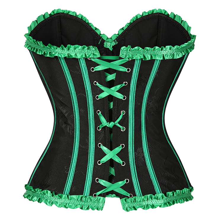 Gothic Black Vintage Corset with Neon Green Satin Trim - Lace-Up Boned Bustier for Women N23808