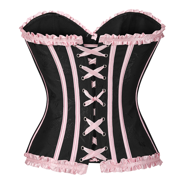 Vintage Style Black Bustier with Pink Ruffles & Lace-Up Front - Sweetheart Neckline Boned Corset Top N23811
