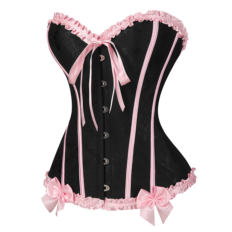Vintage Style Black Bustier with Pink Ruffles & Lace-Up Front - Sweetheart Neckline Boned Corset Top N23811
