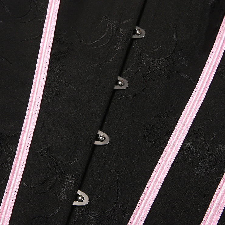 Vintage Style Black Bustier with Pink Ruffles & Lace-Up Front - Sweetheart Neckline Boned Corset Top N23811