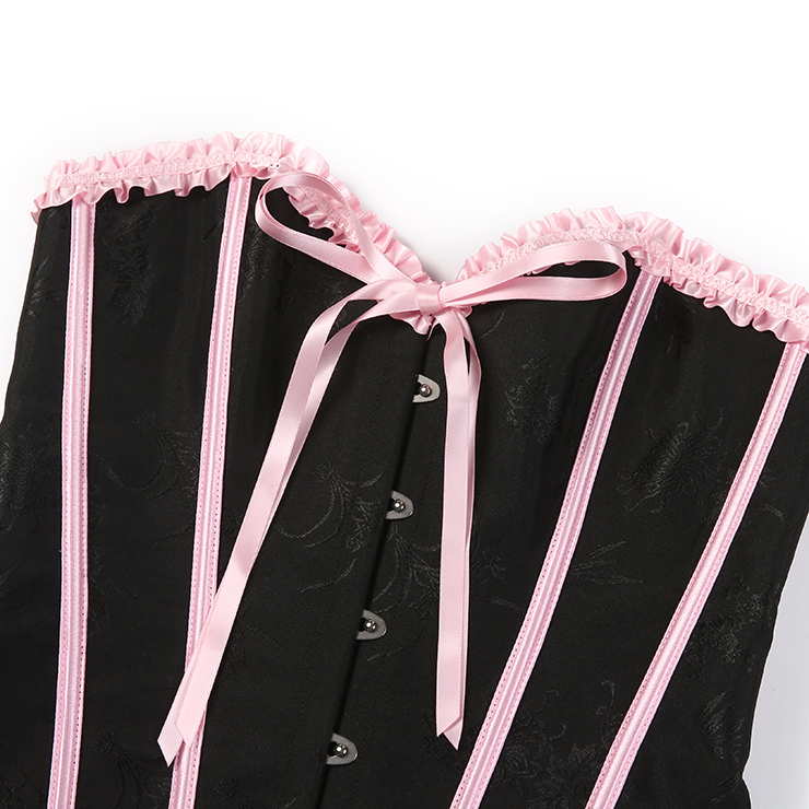 Vintage Style Black Bustier with Pink Ruffles & Lace-Up Front - Sweetheart Neckline Boned Corset Top N23811