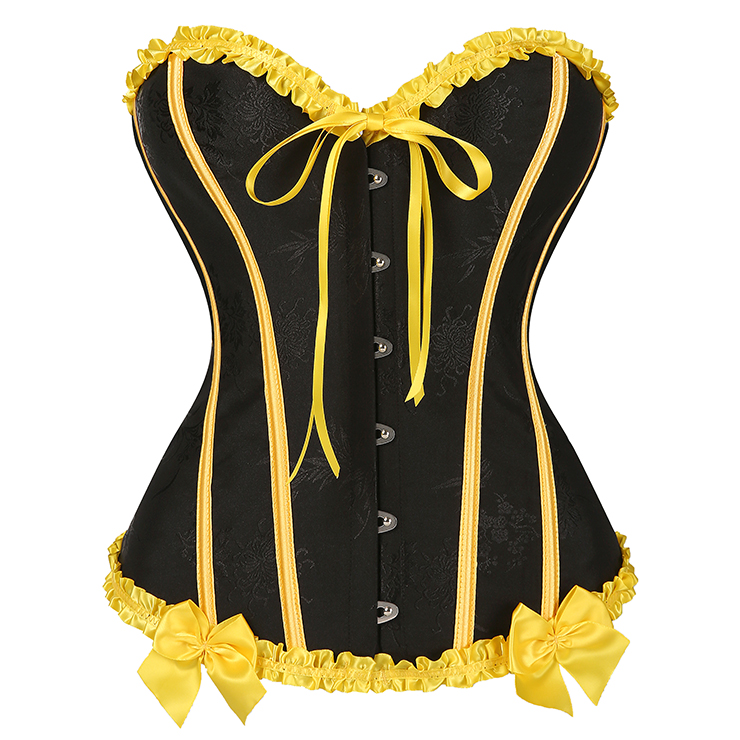 Black Victorian-Style Corset with Yellow Satin Trim and Lace-Up Detail - Steampunk Gothic Bustier for Women N23809
