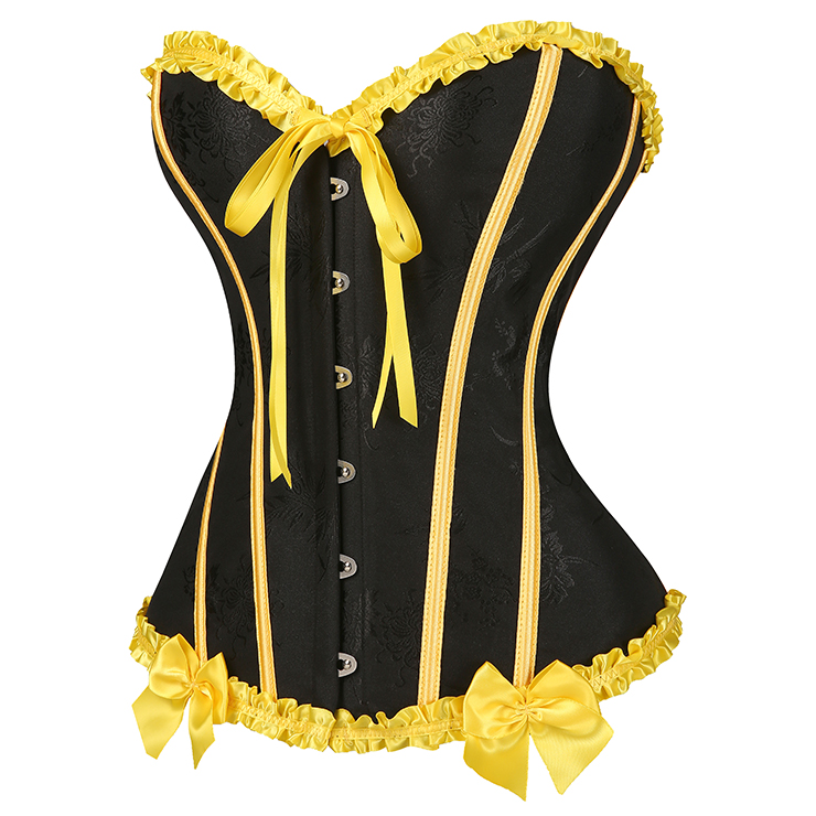 Black Victorian-Style Corset with Yellow Satin Trim and Lace-Up Detail - Steampunk Gothic Bustier for Women N23809