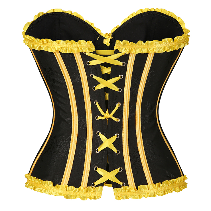 Black Victorian-Style Corset with Yellow Satin Trim and Lace-Up Detail - Steampunk Gothic Bustier for Women N23809