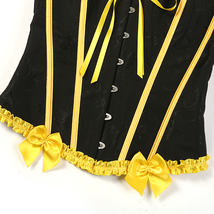 Black Victorian-Style Corset with Yellow Satin Trim and Lace-Up Detail - Steampunk Gothic Bustier for Women N23809