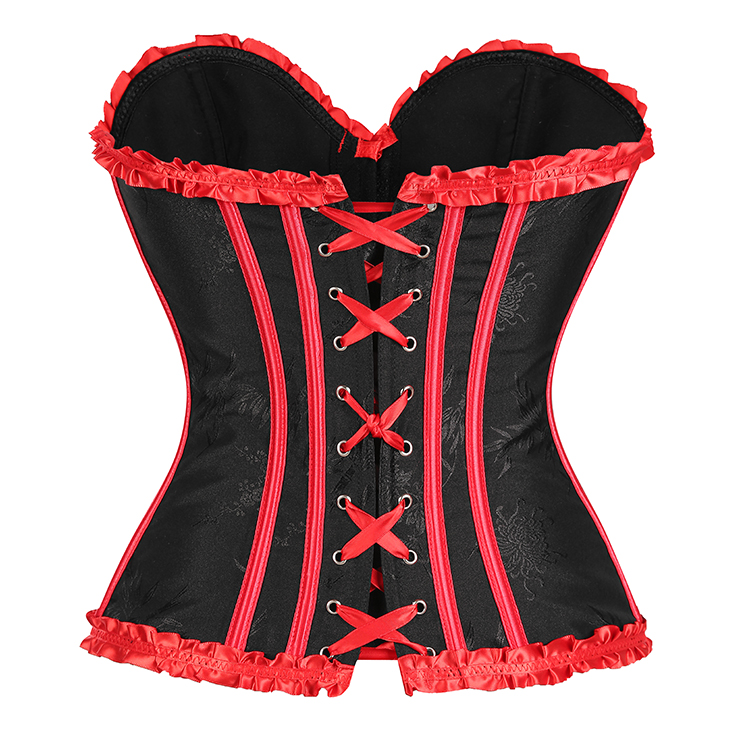 Victorian-Style Gothic Bustier with Red Lace Trim - Black Sweetheart Corset Top with Metallic Buckle N23810