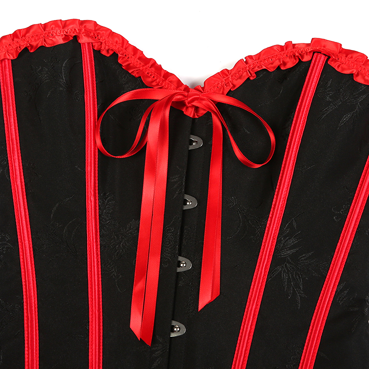 Victorian-Style Gothic Bustier with Red Lace Trim - Black Sweetheart Corset Top with Metallic Buckle N23810