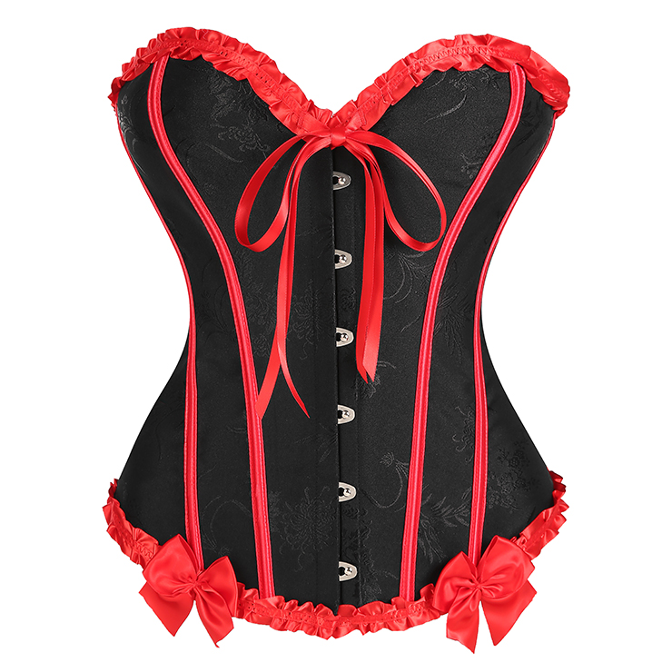 Victorian-Style Gothic Bustier with Red Lace Trim - Black Sweetheart Corset Top with Metallic Buckle N23810