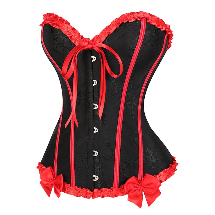 Victorian-Style Gothic Bustier with Red Lace Trim - Black Sweetheart Corset Top with Metallic Buckle N23810