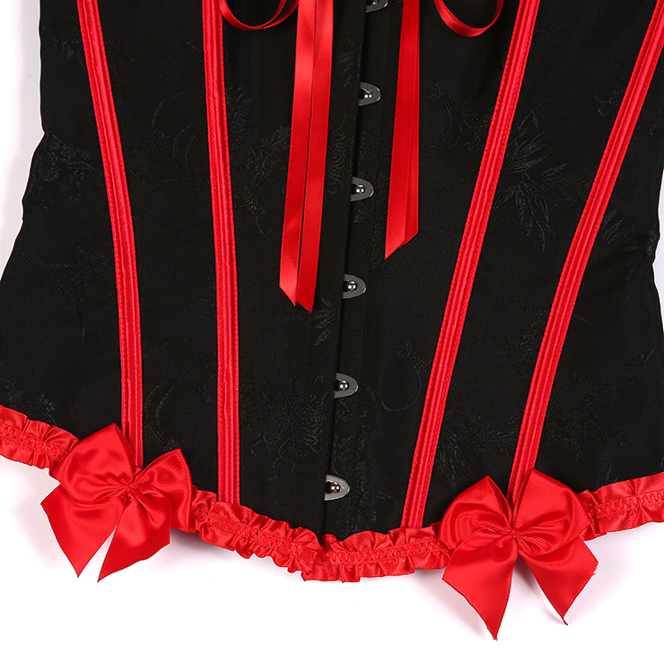 Victorian-Style Gothic Bustier with Red Lace Trim - Black Sweetheart Corset Top with Metallic Buckle N23810