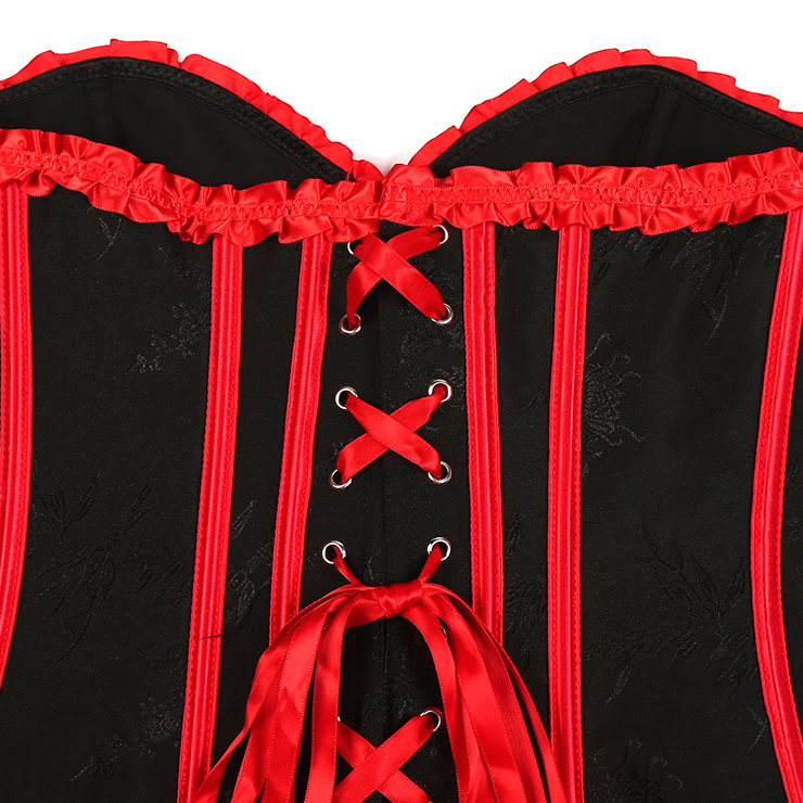 Victorian-Style Gothic Bustier with Red Lace Trim - Black Sweetheart Corset Top with Metallic Buckle N23810