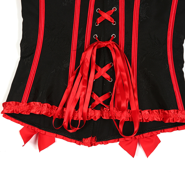 Victorian-Style Gothic Bustier with Red Lace Trim - Black Sweetheart Corset Top with Metallic Buckle N23810