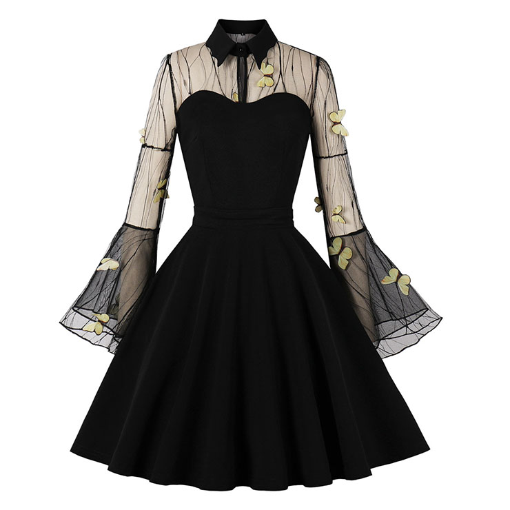 Retro Black Lapel See-through Mesh Yellow Butterfly Flare Sleeve Stitching A-line Dress N22461