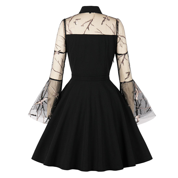 Sexy Gothic Black See-through Mesh Embroidered Lapel Flare Sleeve Vampire A-line Dress N21482