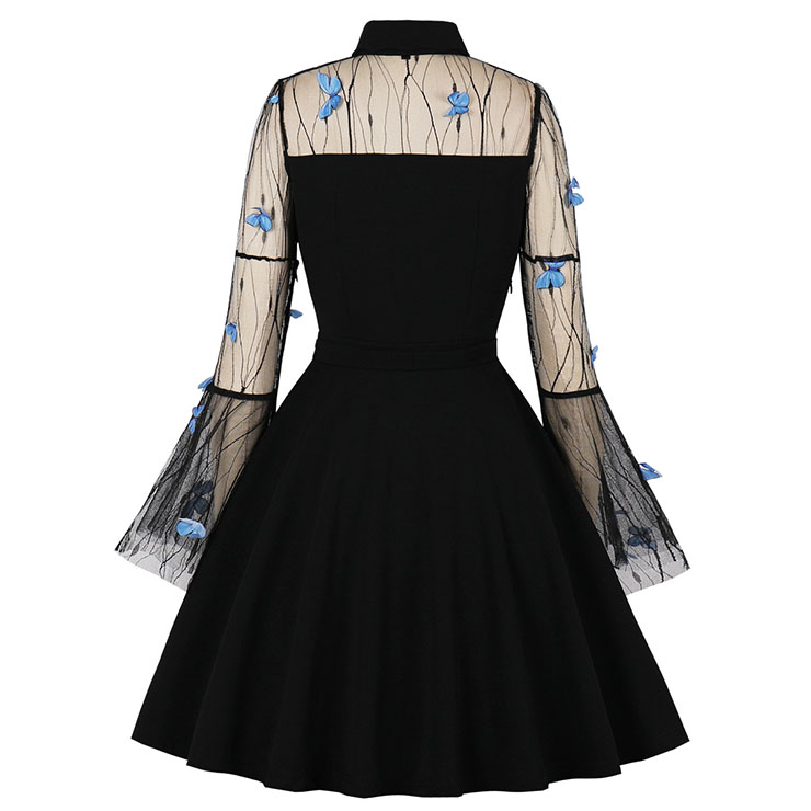 Sexy Gothic Black Lapel See-through Mesh Vivid Butterfly Embroidered Flare Sleeve Midi Dress N21483