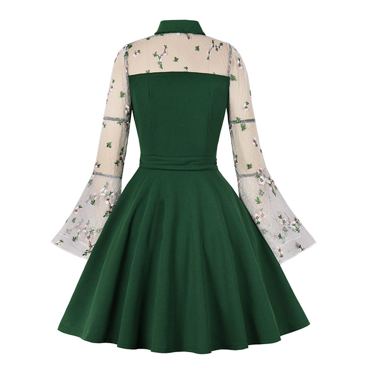 Retro Green Lapel See-through Mesh Floral Embroidered Flare Sleeve Stitching A-line Dress N22454