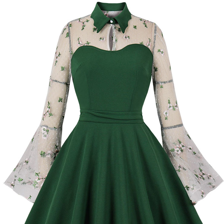 Retro Green Lapel See-through Mesh Floral Embroidered Flare Sleeve Stitching A-line Dress N22454