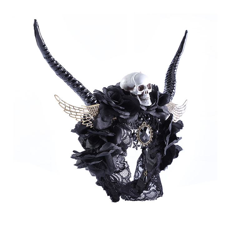 Gothic Lace Rose Antelope Horn Angel Wings Skull Halloween Party Hair Band Accessory N21210