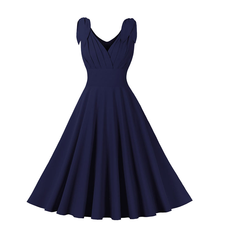 Vintage Elegant Mazarine Sleeveless V Neck High Waist Lace-Up A-line Dress N22470
