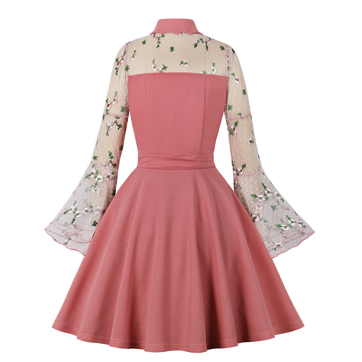Retro Pink Lapel See-through Mesh Floral Embroidered Flare Sleeve Stitching A-line Dress N22455