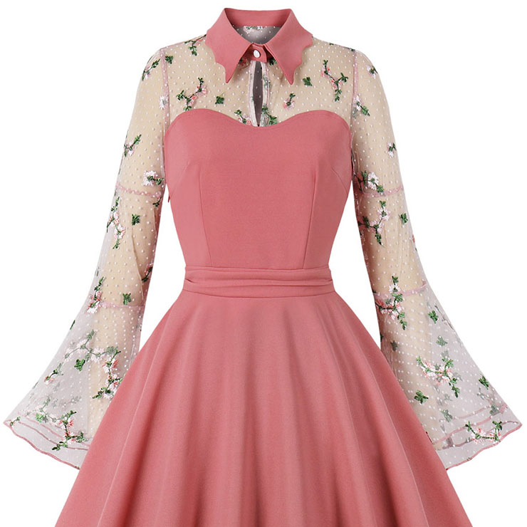 Retro Pink Lapel See-through Mesh Floral Embroidered Flare Sleeve Stitching A-line Dress N22455